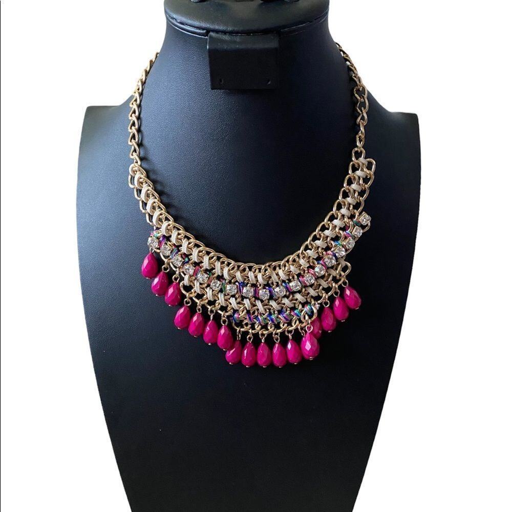 New Thalia Sodi Gold Tone Hot Pink Bead Multicolored Bib Statement Necklace 19”
